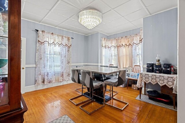 dining area featuring plenty of natural light, a chandelier, and hardwood / wood-style floors