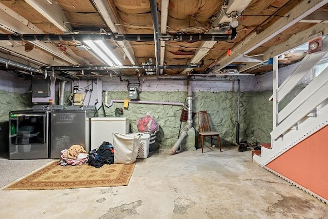 unfinished basement featuring independent washer and dryer, electric panel, gas meter, and stairs
