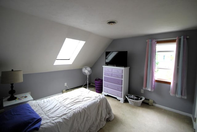 31 Trudeau Ln, East Bridgewater, MA 02333 - bedroom featuring a skylight, baseboard heating, carpet flooring, and vaulted ceiling