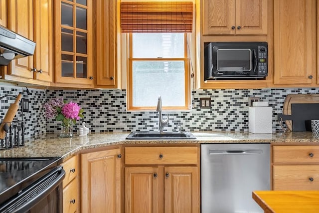 204 Massasoit Rd, Worcester, MA 01604 - kitchen featuring dishwasher, a sink, black microwave, range hood, and decorative backsplash