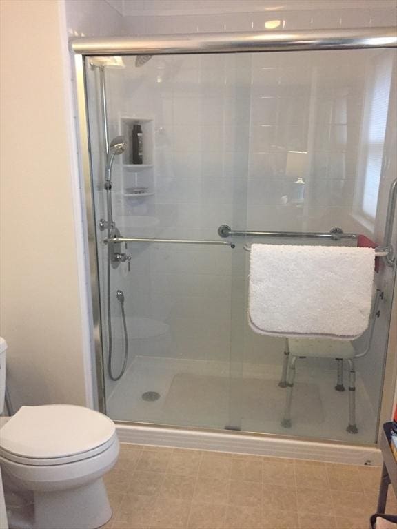 bathroom with a stall shower and toilet