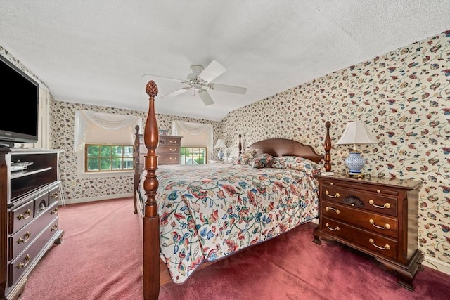 205 River St, Braintree, MA 02184 - bedroom with wallpapered walls, carpet, baseboards, a textured ceiling, and ceiling fan