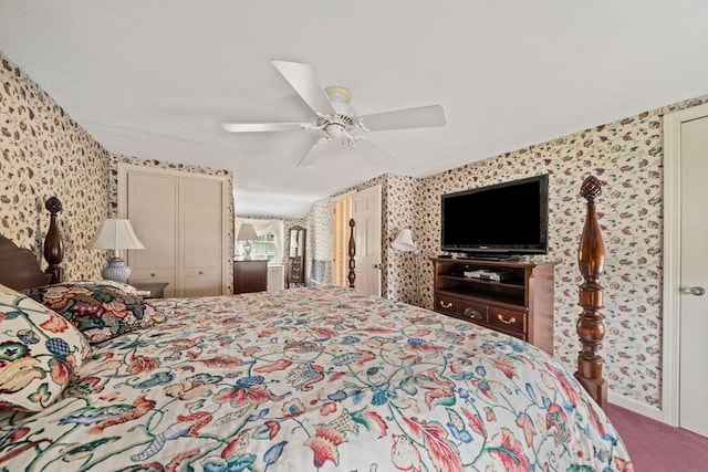 205 River St, Braintree, MA 02184 - carpeted bedroom with wallpapered walls, ceiling fan, and a closet