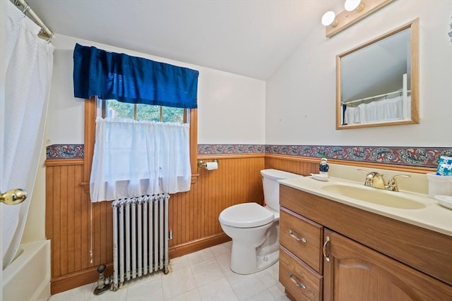 205 River St, Braintree, MA 02184 - full bath featuring radiator, a wainscoted wall, vanity, toilet, and a shower with shower curtain