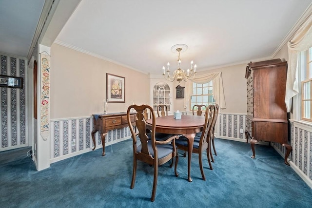 205 River St, Braintree, MA 02184 - dining space with a chandelier, carpet floors, crown molding, and wallpapered walls