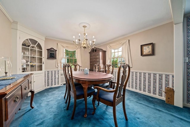 205 River St, Braintree, MA 02184 - dining space featuring a chandelier, dark colored carpet, and ornamental molding