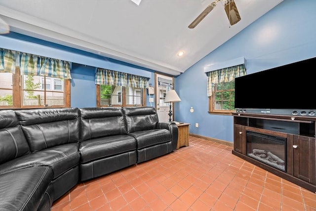 205 River St, Braintree, MA 02184 - living room with vaulted ceiling, ceiling fan, light tile patterned floors, baseboards, and recessed lighting