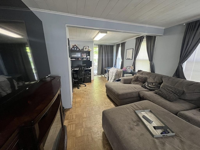 104 Temple St, Gardner, MA 01440 - living area featuring ornamental molding, a desk, and wooden ceiling