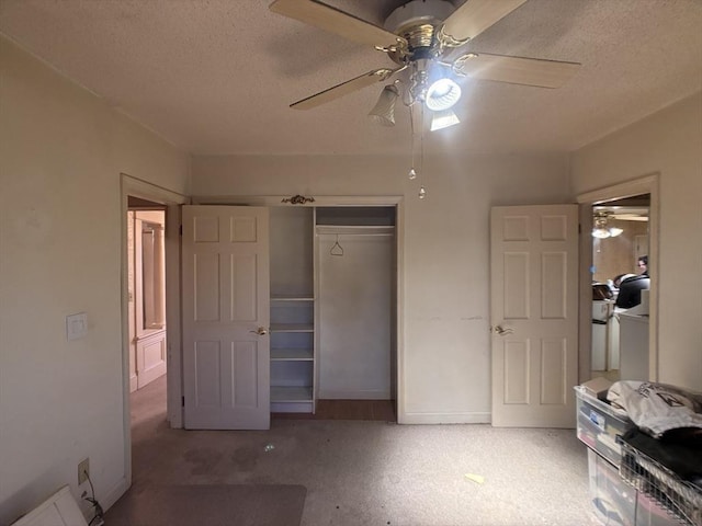 bedroom with ceiling fan, a closet, and a textured ceiling