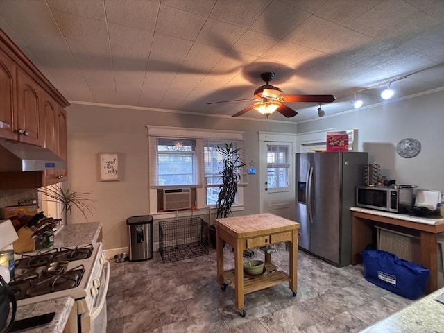 kitchen with rail lighting, stainless steel appliances, crown molding, ceiling fan, and cooling unit