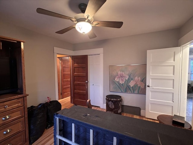 bedroom featuring light wood-type flooring, ceiling fan, and a closet