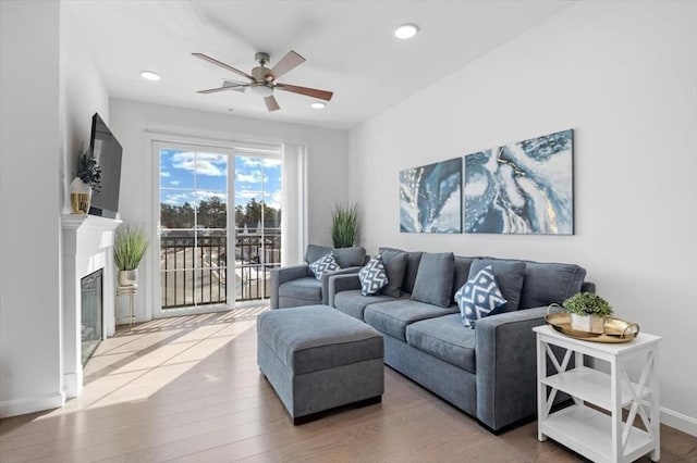 living room with ceiling fan and wood-type flooring