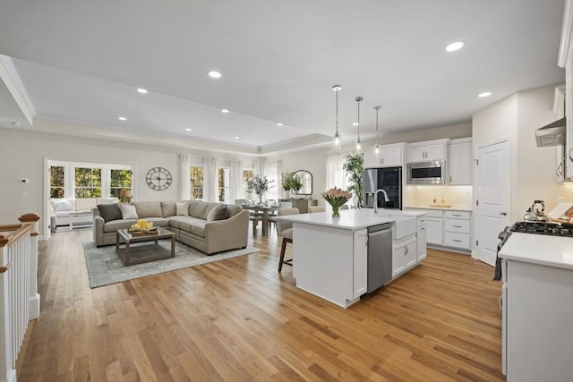 kitchen with stainless steel appliances, an island with sink, white cabinetry, and a tray ceiling