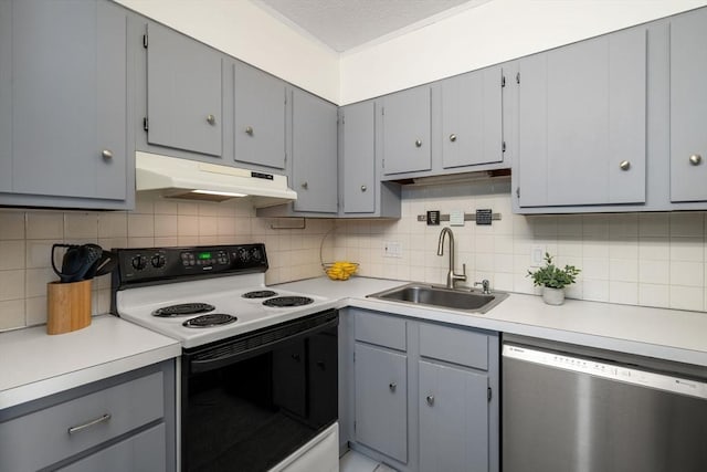 10 Williams St Unit 45, Watertown, MA 02472 - kitchen with gray cabinets, under cabinet range hood, stainless steel dishwasher, a sink, and electric range oven