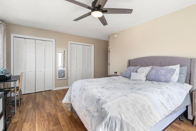 10 Williams St Unit 45, Watertown, MA 02472 - bedroom featuring multiple closets, ceiling fan, and wood finished floors