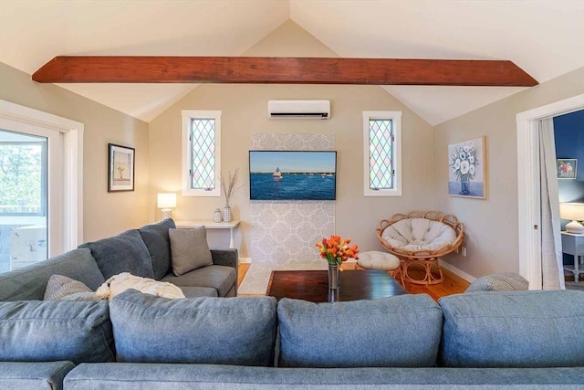 living room with vaulted ceiling with beams, hardwood / wood-style flooring, and a wall mounted AC