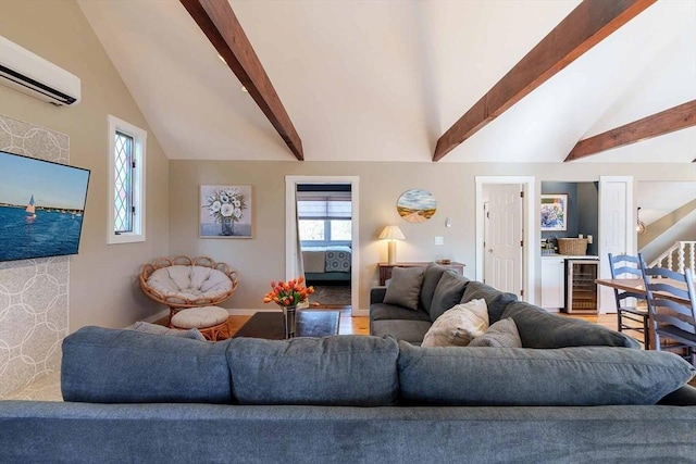 living room with wine cooler, a wall mounted air conditioner, and vaulted ceiling with beams