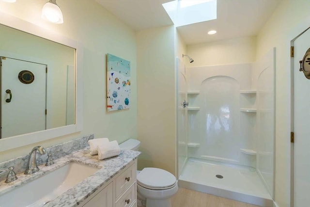 bathroom featuring vanity, toilet, a skylight, and a shower