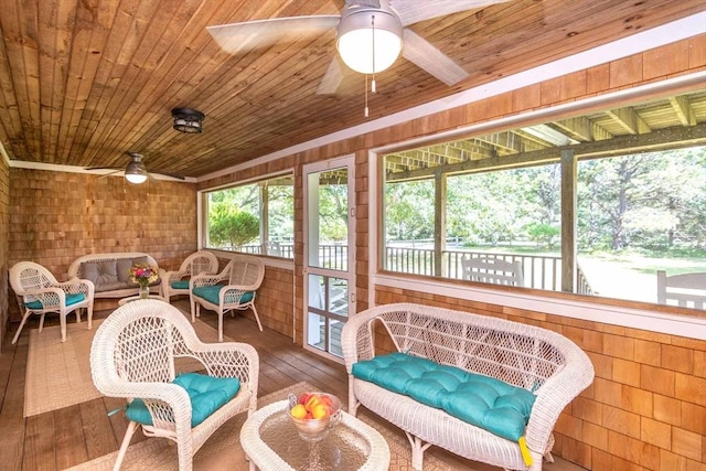 sunroom featuring ceiling fan and wooden ceiling