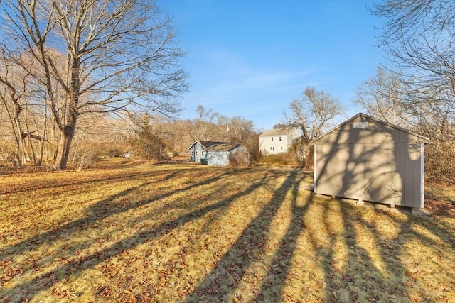 view of yard with a storage shed