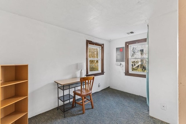 carpeted office featuring electric panel