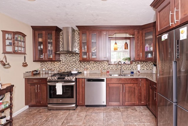 11 Azalea Ln Unit 11, Marlborough, MA 01752 - kitchen with appliances with stainless steel finishes, wall chimney exhaust hood, decorative backsplash, light stone counters, and a textured ceiling