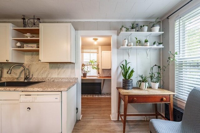 6 Oak St, Monson, MA 01057 - kitchen with open shelves, white dishwasher, a sink, radiator heating unit, and light wood finished floors
