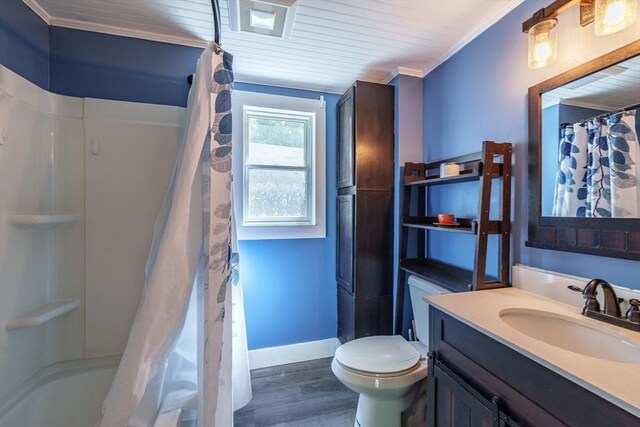 6 Oak St, Monson, MA 01057 - bathroom with toilet, vanity, wood finished floors, baseboards, and crown molding