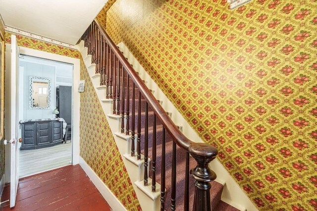6 Oak St, Monson, MA 01057 - stairs with wallpapered walls, hardwood / wood-style floors, and baseboards