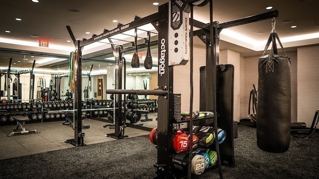 workout area with a tray ceiling