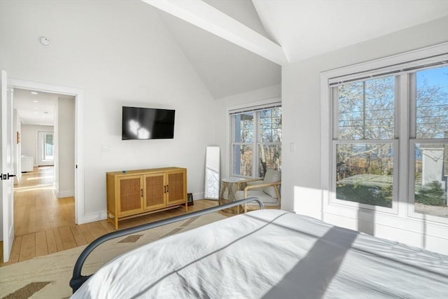 bedroom with hardwood / wood-style flooring and high vaulted ceiling