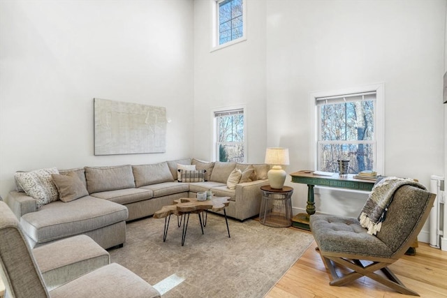 living room featuring plenty of natural light, a towering ceiling, and light hardwood / wood-style floors