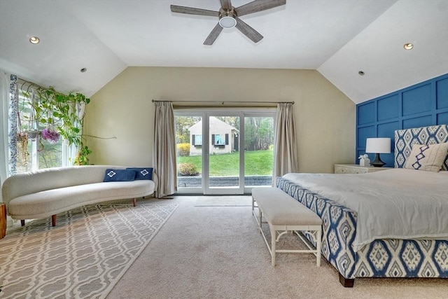carpeted bedroom featuring access to outside, recessed lighting, ceiling fan, and vaulted ceiling