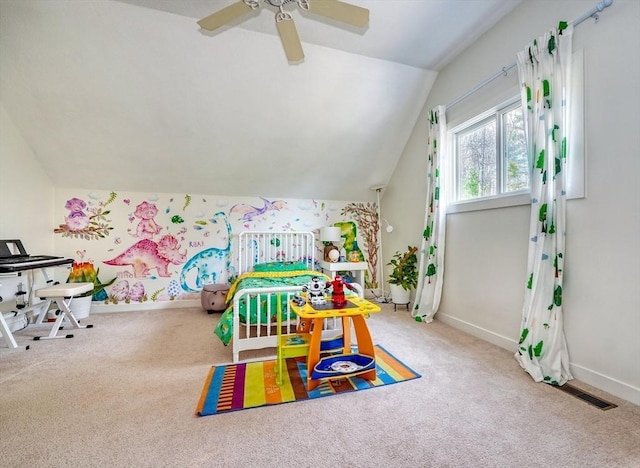 game room with carpet flooring, ceiling fan, baseboards, and lofted ceiling