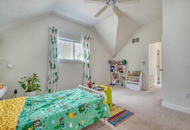 bedroom featuring a ceiling fan, visible vents, baseboards, lofted ceiling, and carpet