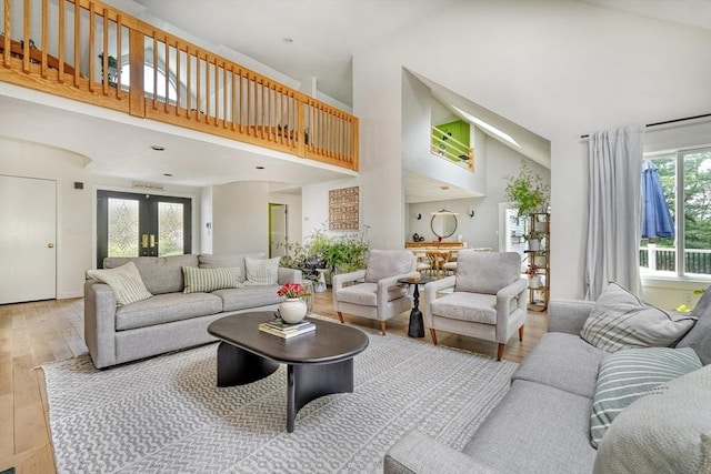 living area featuring wood-type flooring and high vaulted ceiling
