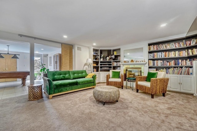 living area featuring built in features, carpet, recessed lighting, and billiards