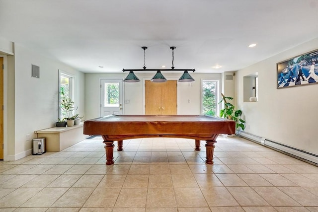 recreation room featuring recessed lighting, billiards, light tile patterned floors, and a baseboard radiator