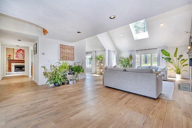 living room with baseboards, a fireplace with raised hearth, light wood-style floors, and a wealth of natural light
