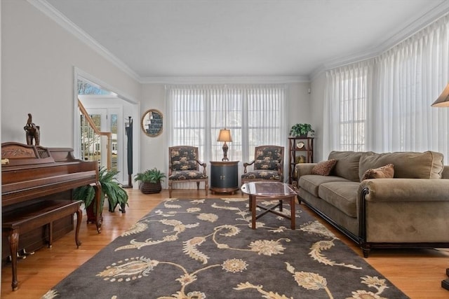 living room featuring wood-type flooring and ornamental molding