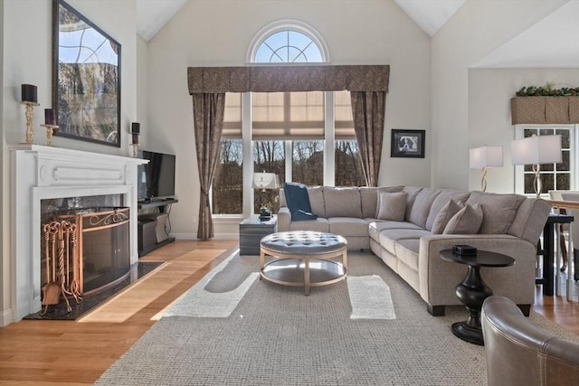 living room featuring wood-type flooring, a fireplace, and high vaulted ceiling