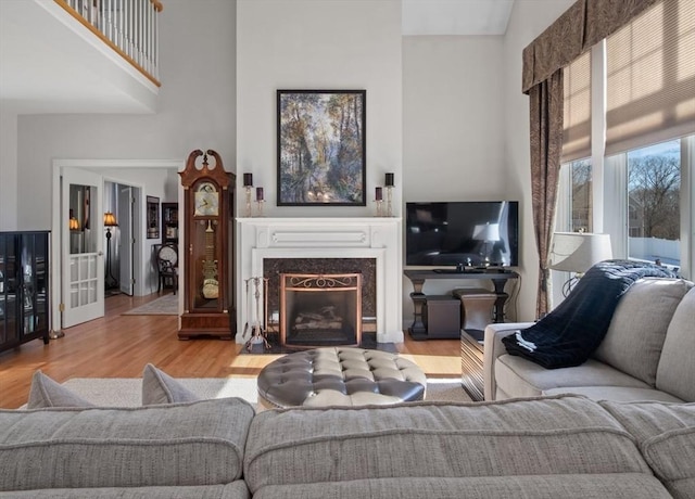 living room featuring a high ceiling, a fireplace, and light hardwood / wood-style floors