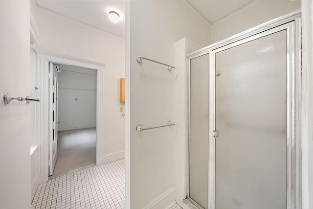 179 Rawson Unit 2, Brookline, MA 02445 - bathroom with a shower stall, crown molding, baseboards, and tile patterned flooring