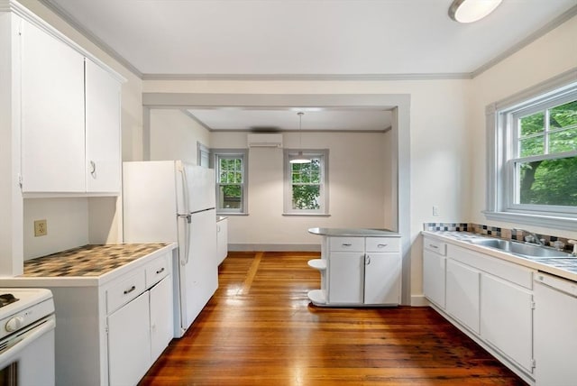 179 Rawson Unit 2, Brookline, MA 02445 - kitchen featuring a wall mounted AC, plenty of natural light, white appliances, dark wood-style floors, and crown molding