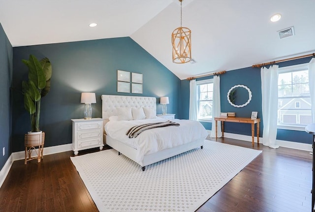 bedroom featuring dark wood-style flooring, visible vents, vaulted ceiling, baseboards, and recessed lighting