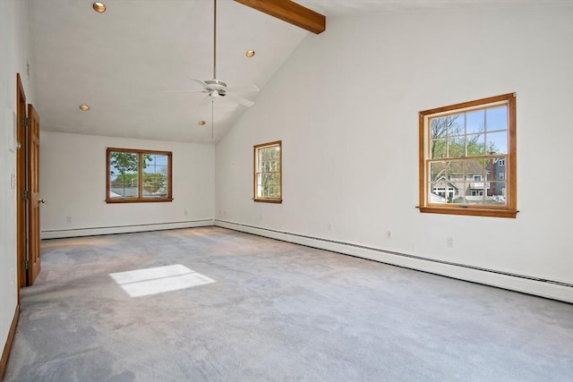 carpeted spare room featuring high vaulted ceiling, baseboard heating, ceiling fan, beamed ceiling, and recessed lighting