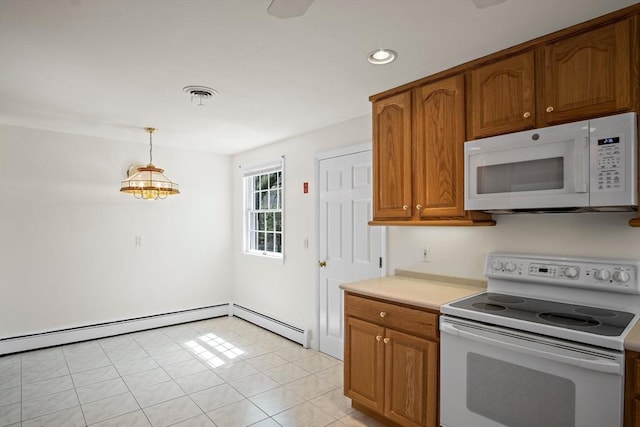 kitchen with brown cabinets, baseboard heating, white appliances, light countertops, and recessed lighting