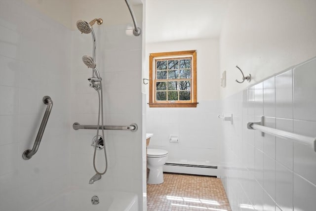 full bathroom with toilet,  shower combination, tile walls, tile patterned flooring, and a baseboard radiator