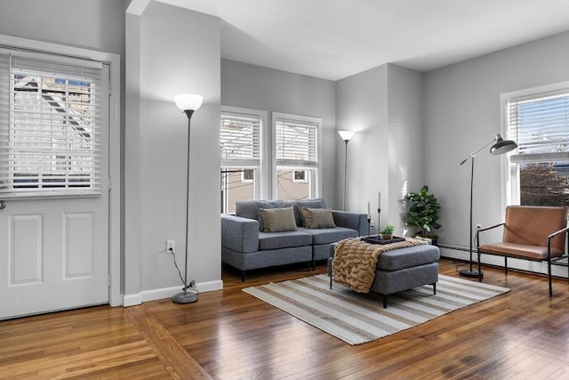 living room featuring hardwood / wood-style floors, a baseboard radiator, and plenty of natural light