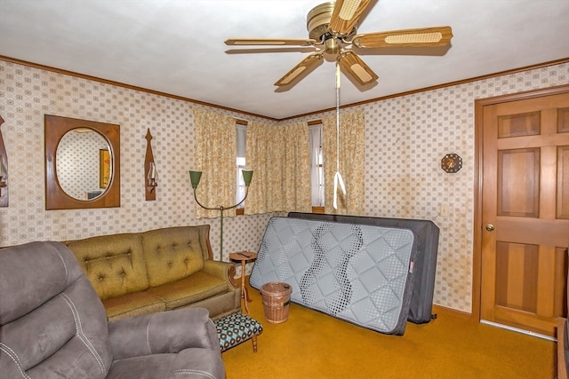 living room featuring crown molding and carpet floors